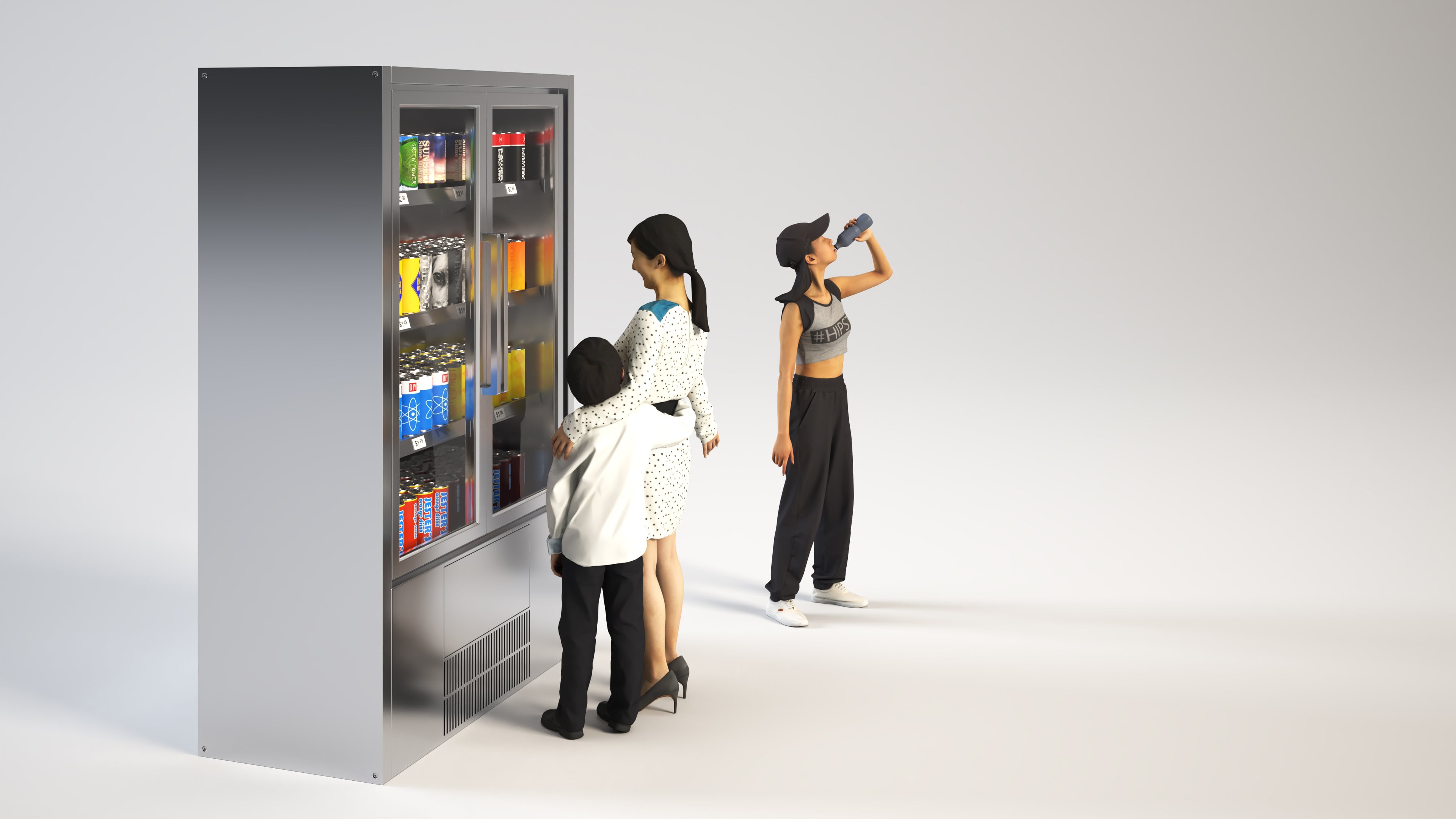Two children selecting snacks from a vending machine and one girl drinking water in a minimalistic setting with a white background.
